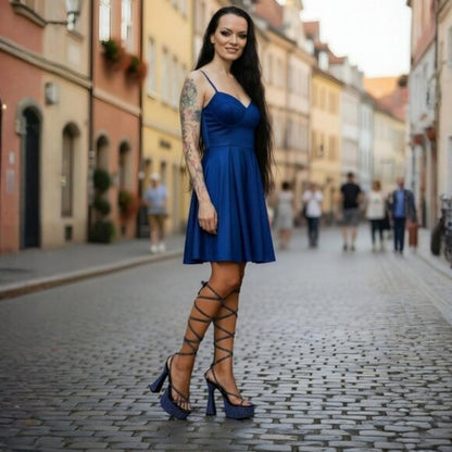 Blue Rhinestone Knee-High Lace-Up Platform Heels