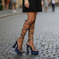 Blue Rhinestone Knee-High Lace-Up Platform Heels