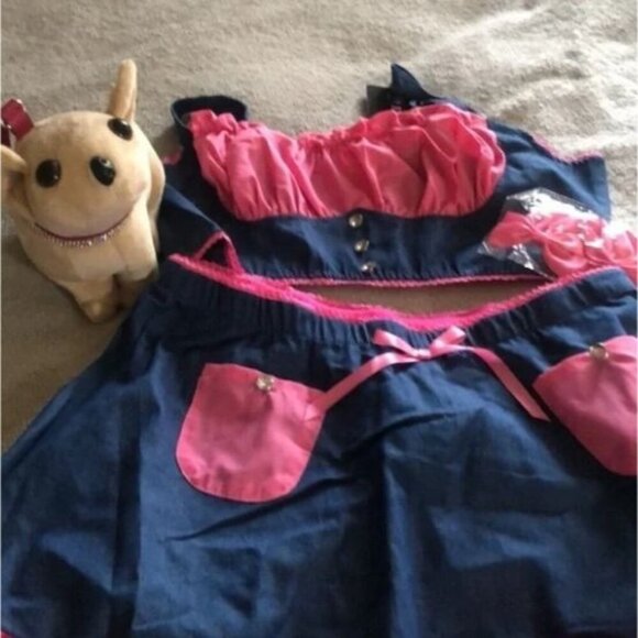 Pink & Blue Costume Set with Ruffle Crop Top, Denim Skirt, Hair Bows & Puppy Bag