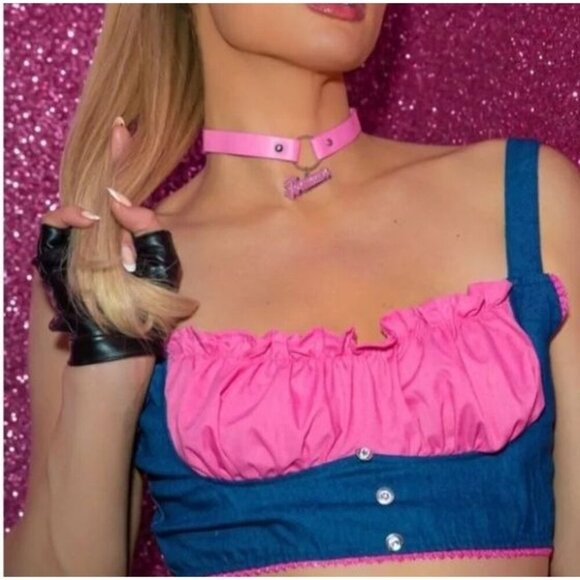 Pink & Blue Costume Set with Ruffle Crop Top, Denim Skirt, Hair Bows & Puppy Bag
