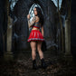 Satan’s Cheerleader Costume Set with 666 Top, Pleated Skirt & Pom Poms