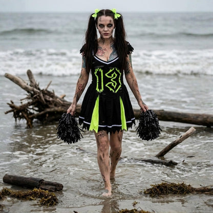 Distressed Z.O.M.B.I.E Cheerleader Costume Set in Black & Neon Green