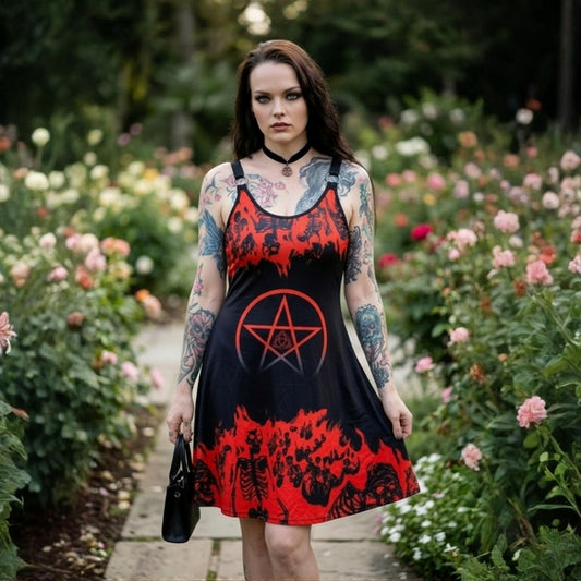 Witchy Gothic A-Line Dress in Red & Black with Pentacle Skulls and O-Rings