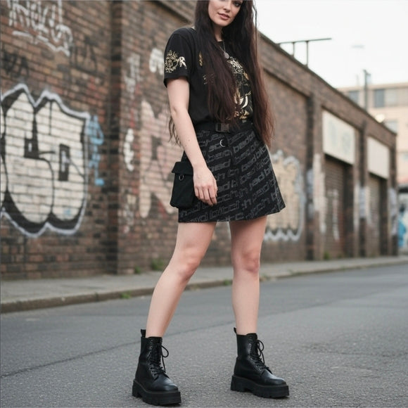 Black Denim Wrap Mini Skirt with Attached Pocket Clip Belt