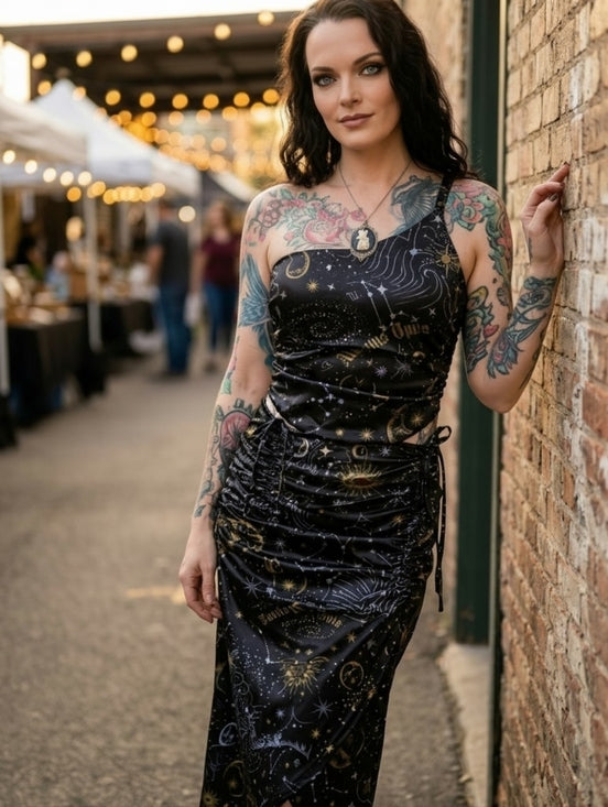Starry Night One-Shoulder Bustier & Midi Skirt Set with Side Boning
