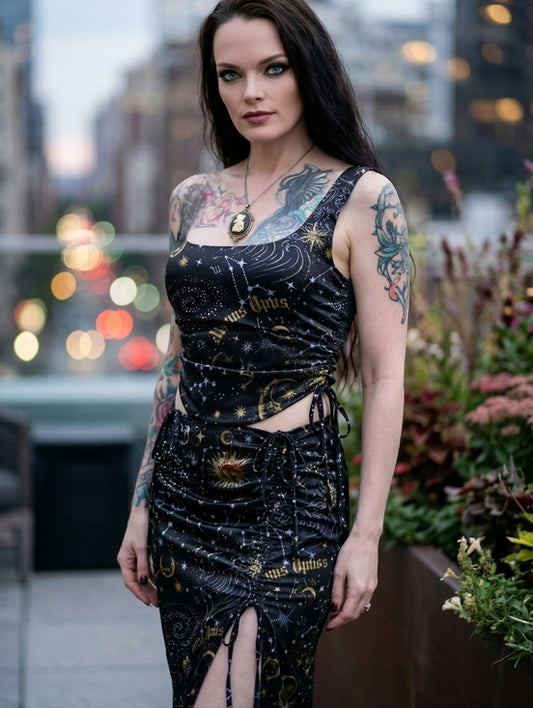 Starry Night One-Shoulder Bustier & Midi Skirt Set with Side Boning