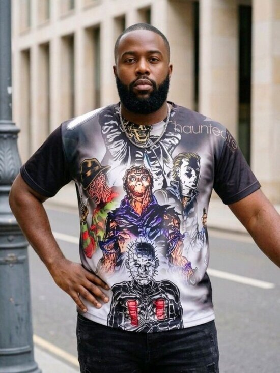 RageOn Horror Movie Icons All Over Print Tee Shirt Haunted Fire Portrait 5X