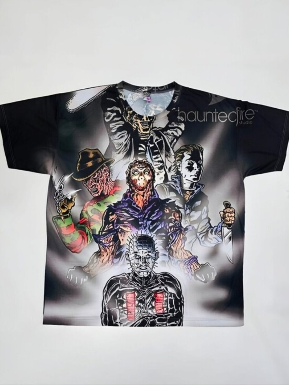 RageOn Horror Movie Icons All Over Print Tee Shirt Haunted Fire Portrait 5X