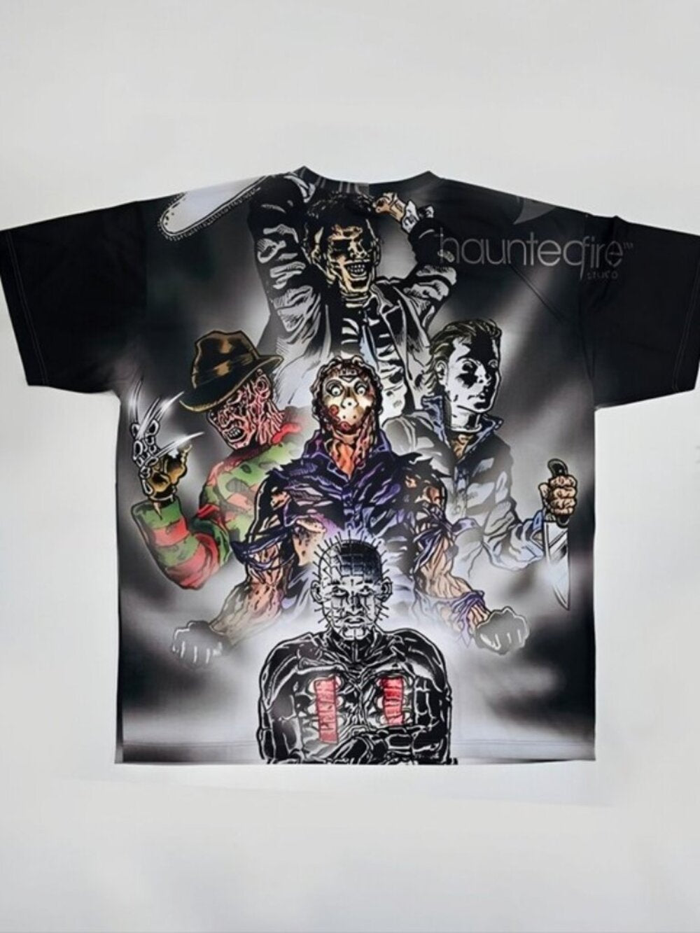 RageOn Horror Movie Icons All Over Print Tee Shirt Haunted Fire Portrait 5X