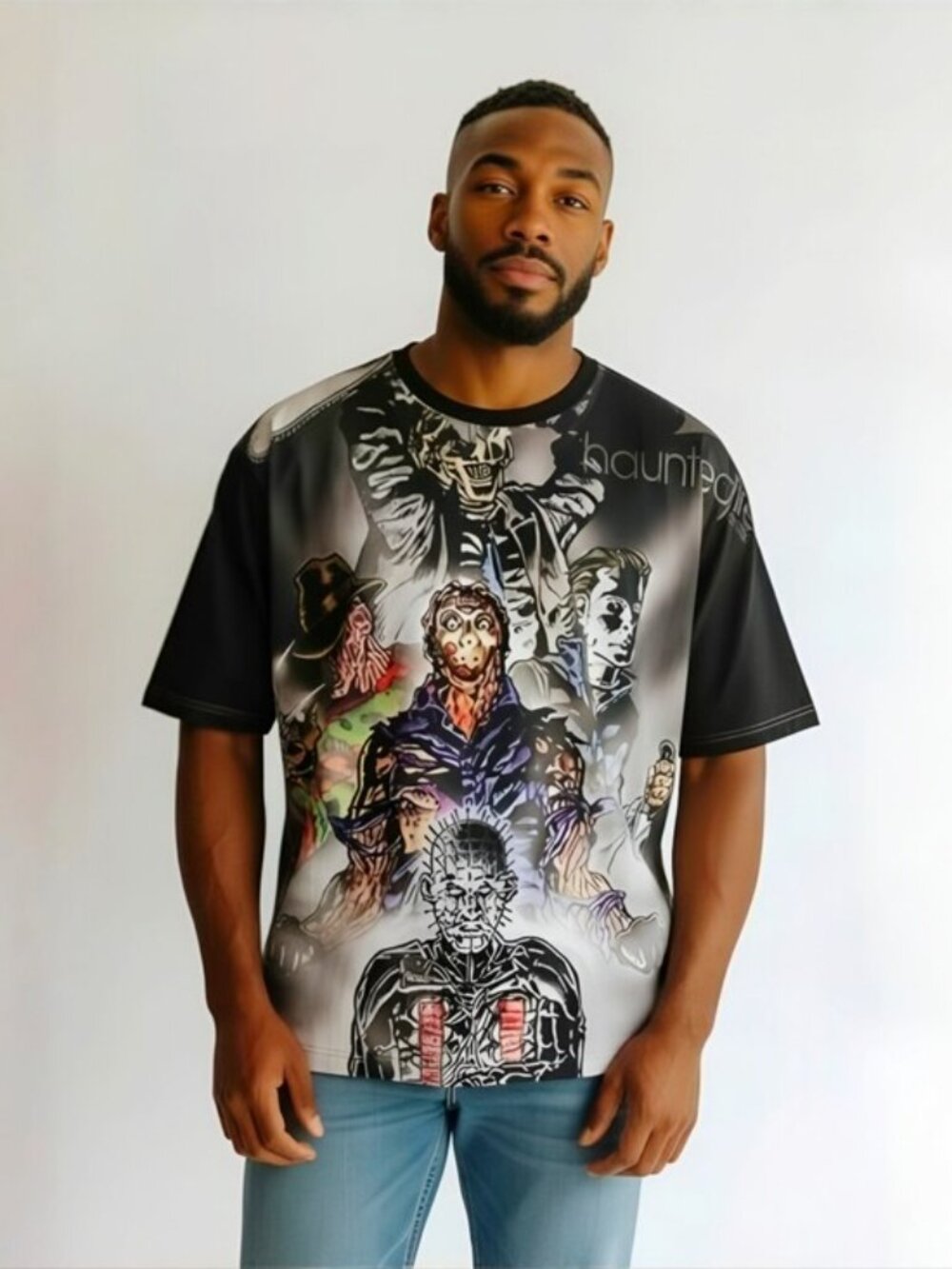 RageOn Horror Movie Icons All Over Print Tee Shirt Haunted Fire Portrait 5X