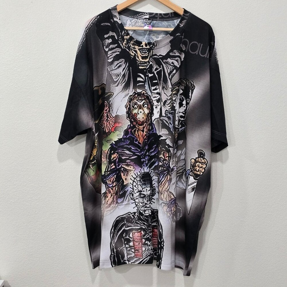 RageOn Horror Movie Icons All Over Print Tee Shirt Haunted Fire Portrait 5X