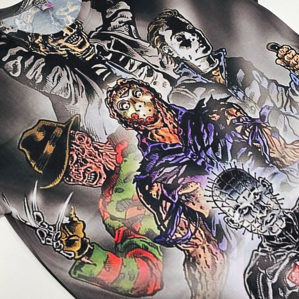 RageOn Horror Movie Icons All Over Print Tee Shirt Haunted Fire Portrait 5X