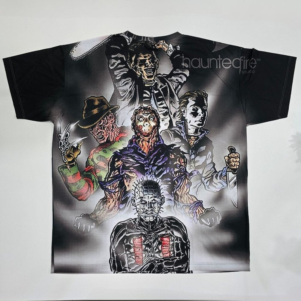 RageOn Horror Movie Icons All Over Print Tee Shirt Haunted Fire Portrait 5X