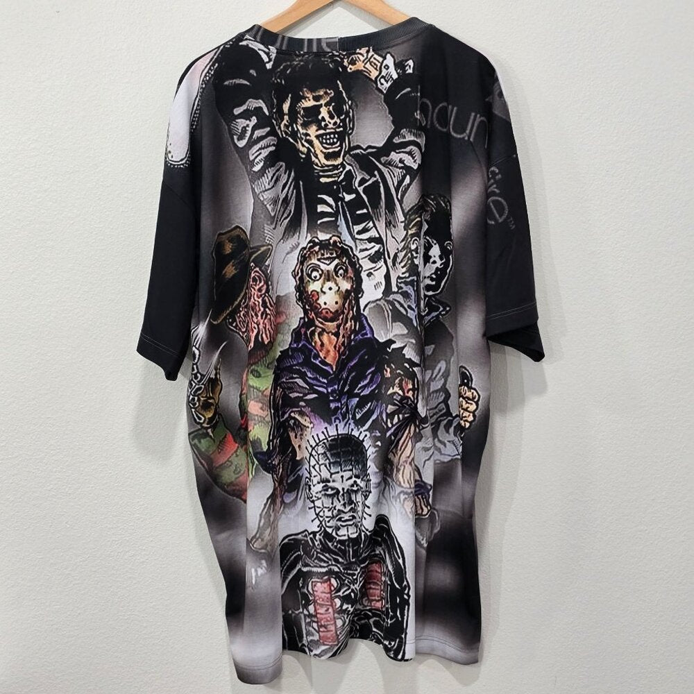 RageOn Horror Movie Icons All Over Print Tee Shirt Haunted Fire Portrait 5X