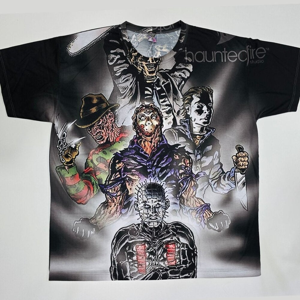 RageOn Horror Movie Icons All Over Print Tee Shirt Haunted Fire Portrait 5X