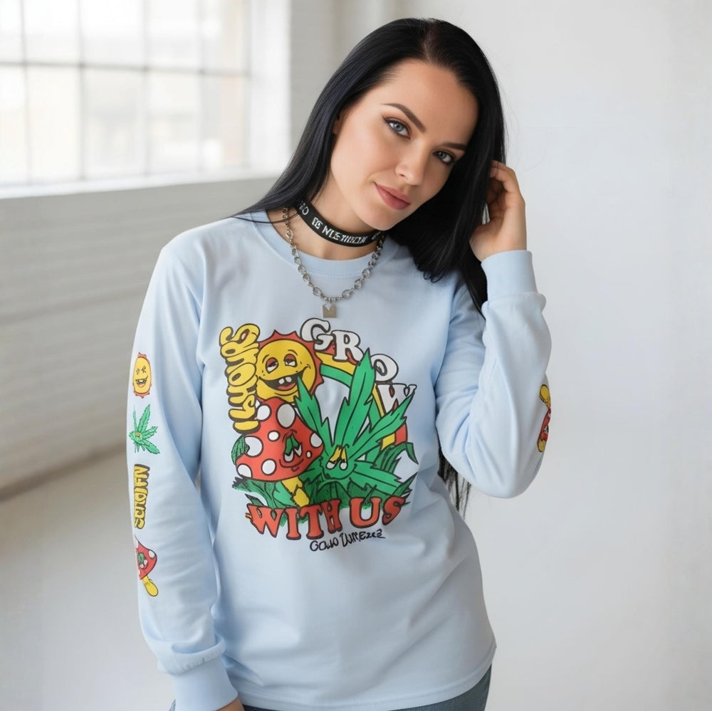 No Hours ✦ Mushroom Graphic Long Sleeve Tee ✦ Light Blue Crew Neck Skate Core S