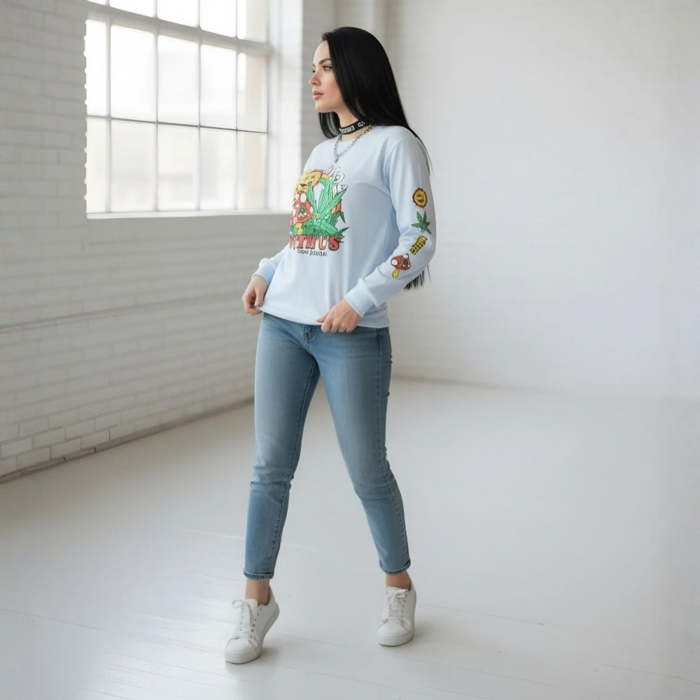 No Hours ✦ Mushroom Graphic Long Sleeve Tee ✦ Light Blue Crew Neck Skate Core S