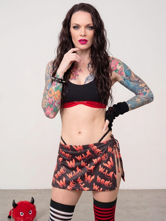 W.I.A Devil Open Sides Mini Skirt Allover 666 Print Adjustable Ties