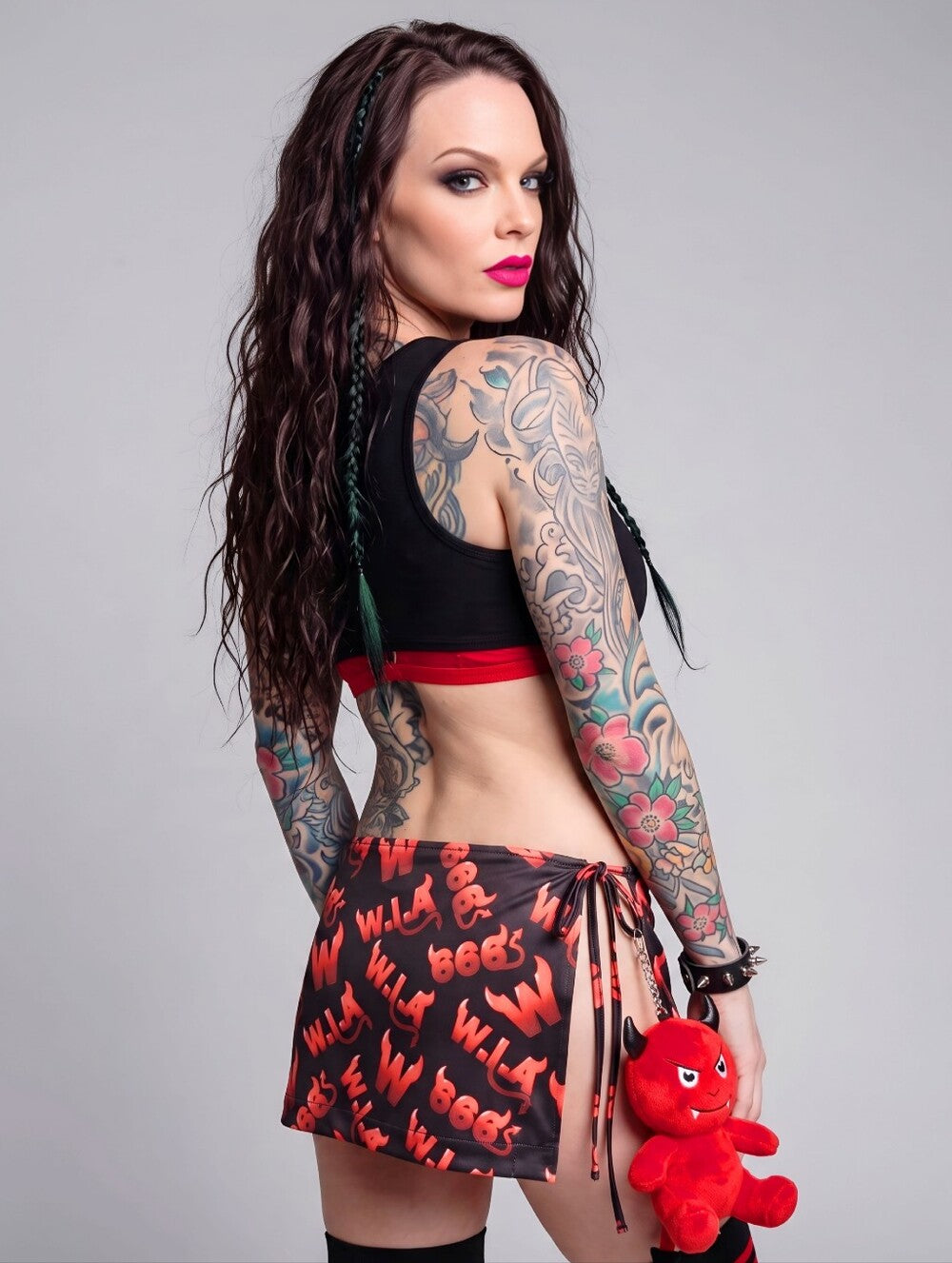 W.I.A Devil Open Sides Mini Skirt Allover 666 Print Adjustable Ties