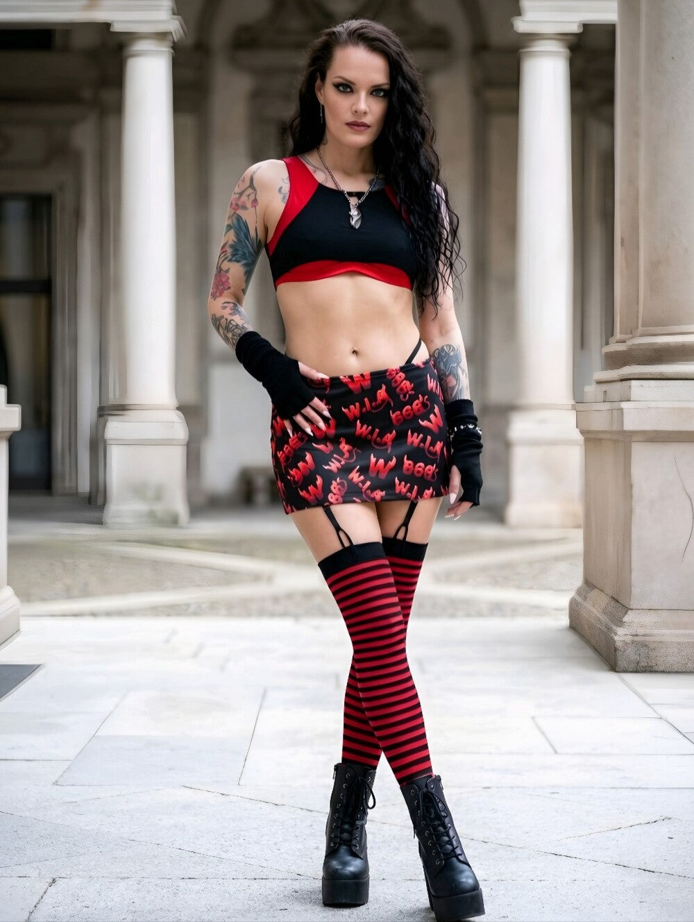 W.I.A Devil Open Sides Mini Skirt Allover 666 Print Adjustable Ties