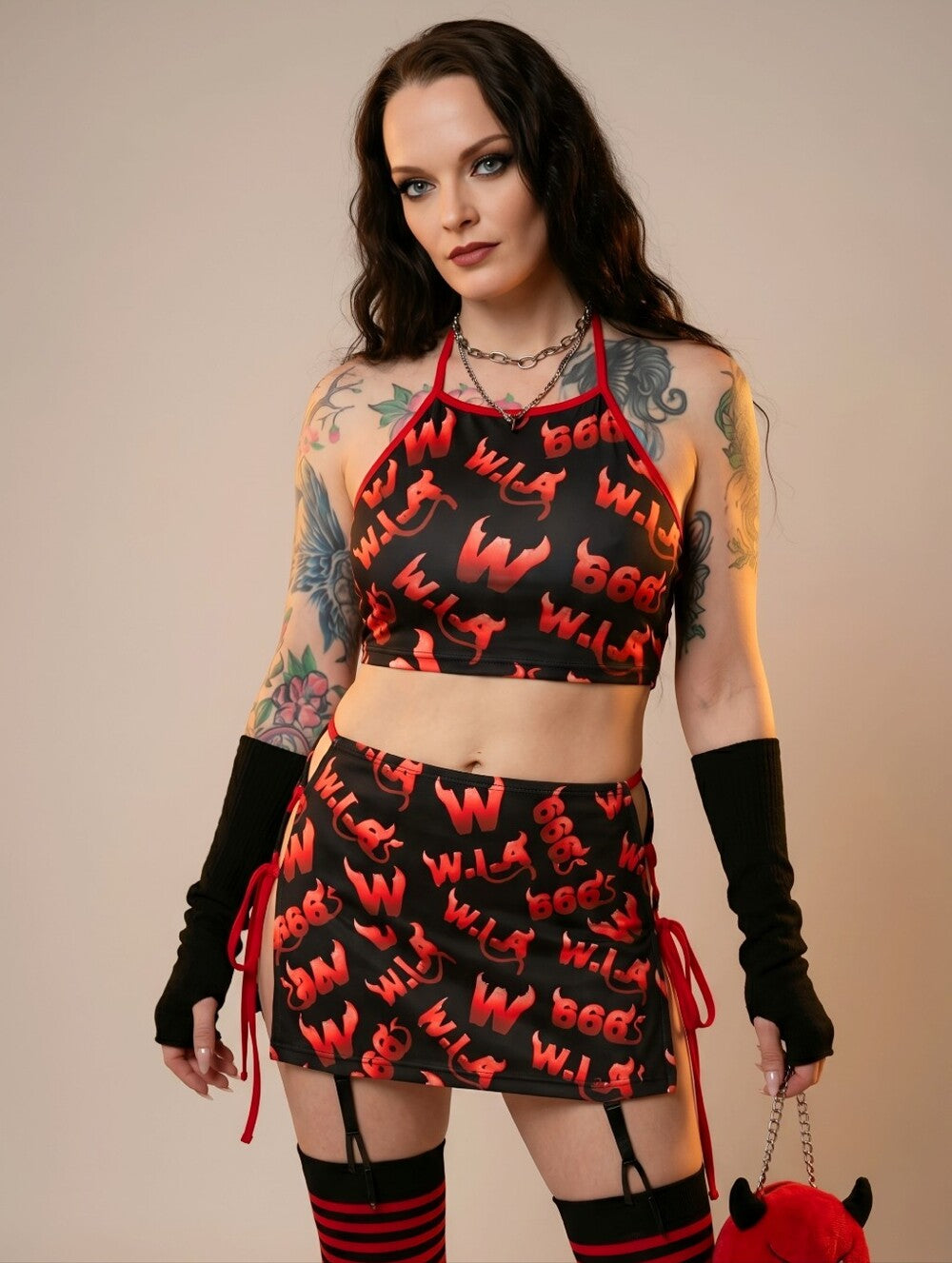 W.I.A Devil Open Sides Mini Skirt Allover 666 Print Adjustable Ties