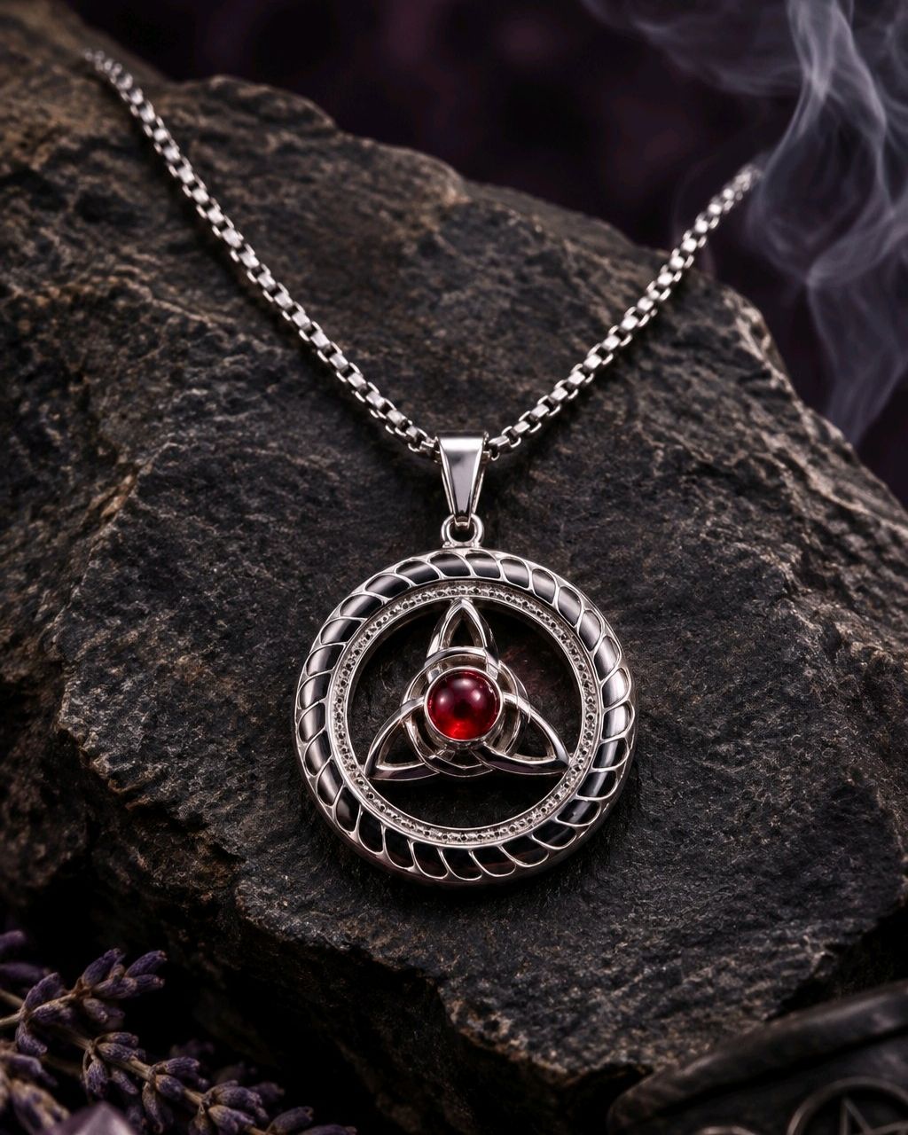 Celtic Triquetra Necklace Stainless Steel Red Cabochon Trinity Pendant 20"