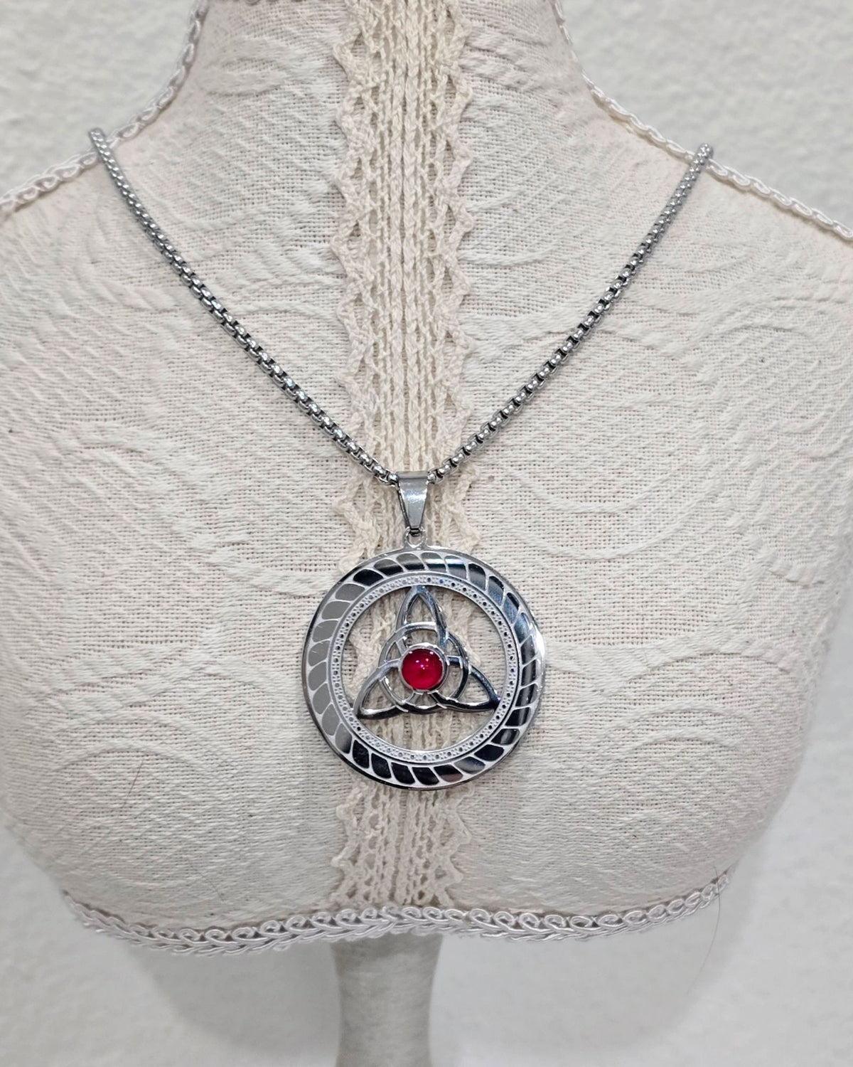Celtic Triquetra Necklace Stainless Steel Red Cabochon Trinity Pendant 20"