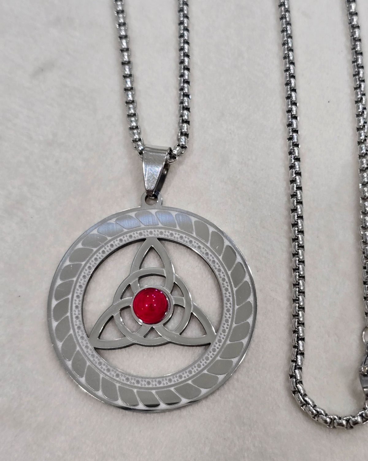 Celtic Triquetra Necklace Stainless Steel Red Cabochon Trinity Pendant 20"