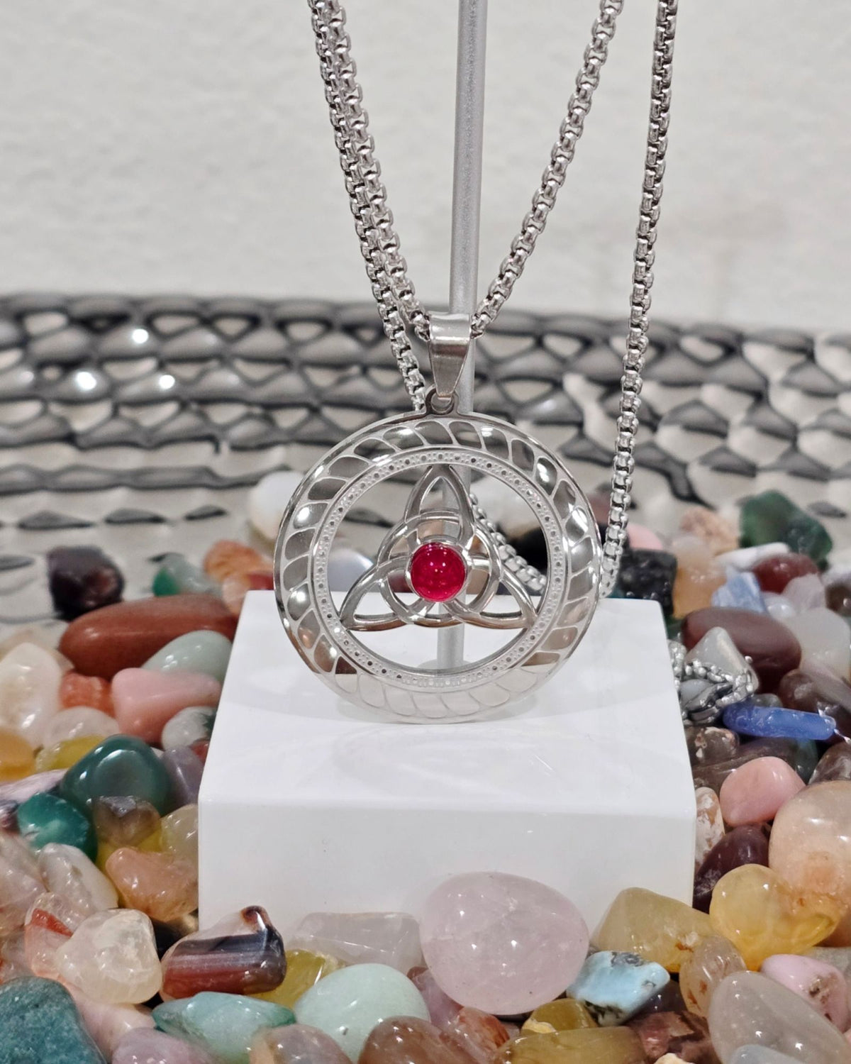 Celtic Triquetra Necklace Stainless Steel Red Cabochon Trinity Pendant 20"