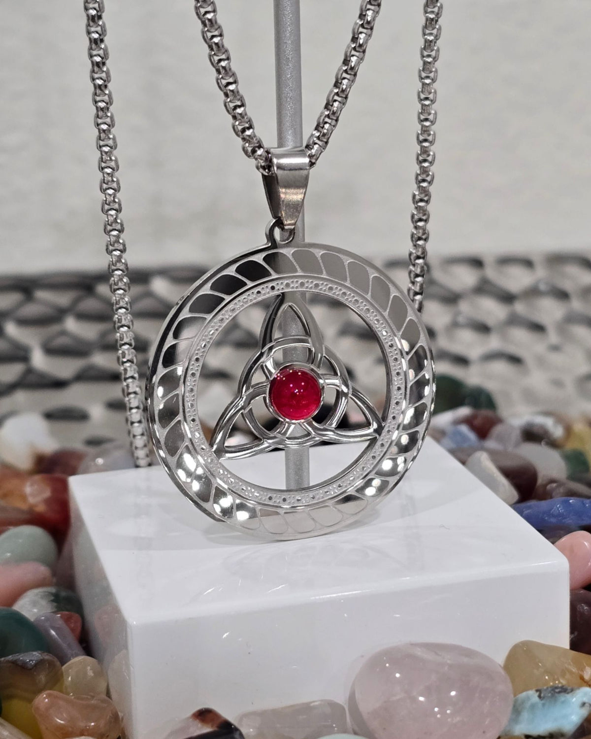 Celtic Triquetra Necklace Stainless Steel Red Cabochon Trinity Pendant 20"