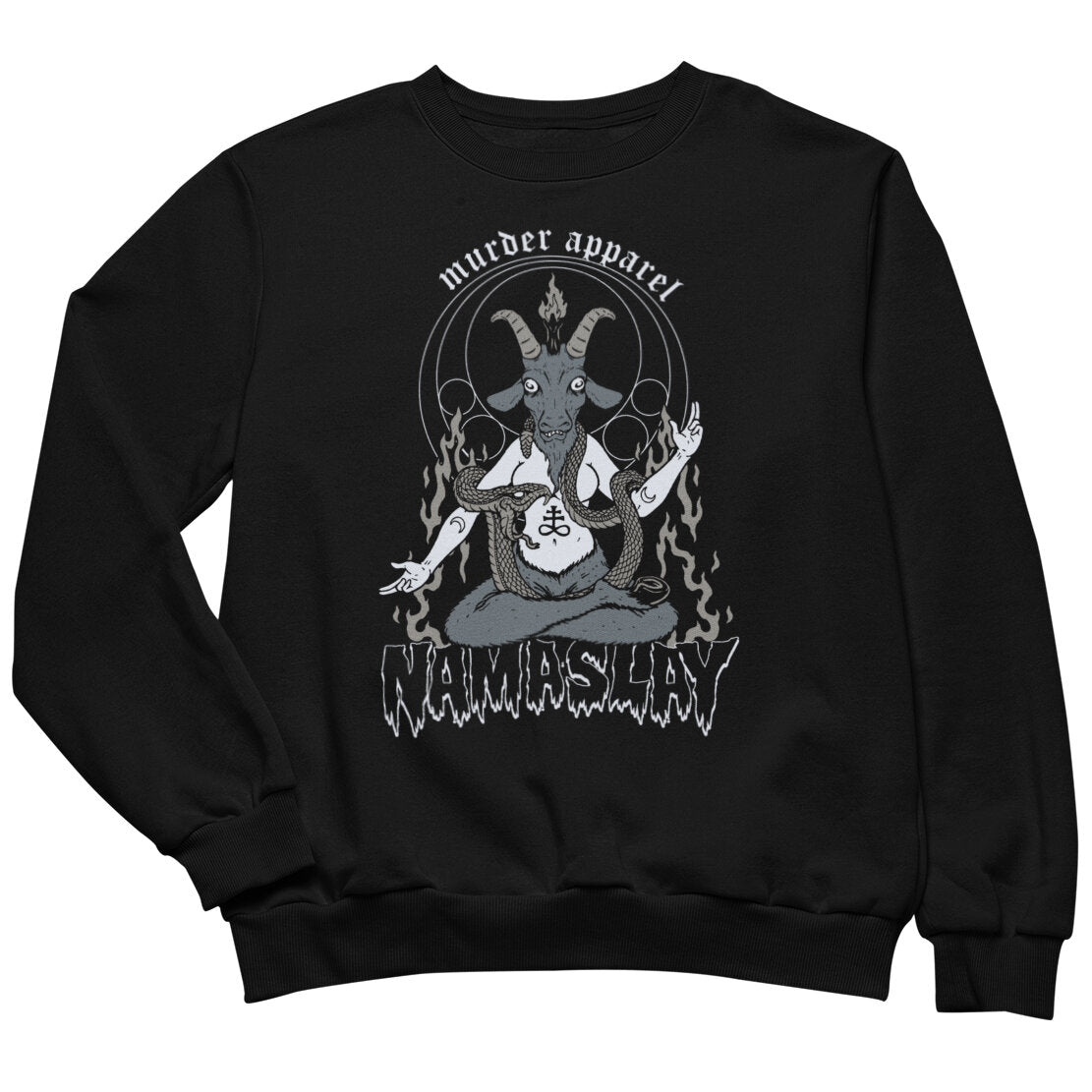 Black sweatshirt with a graphic design and text on a white background