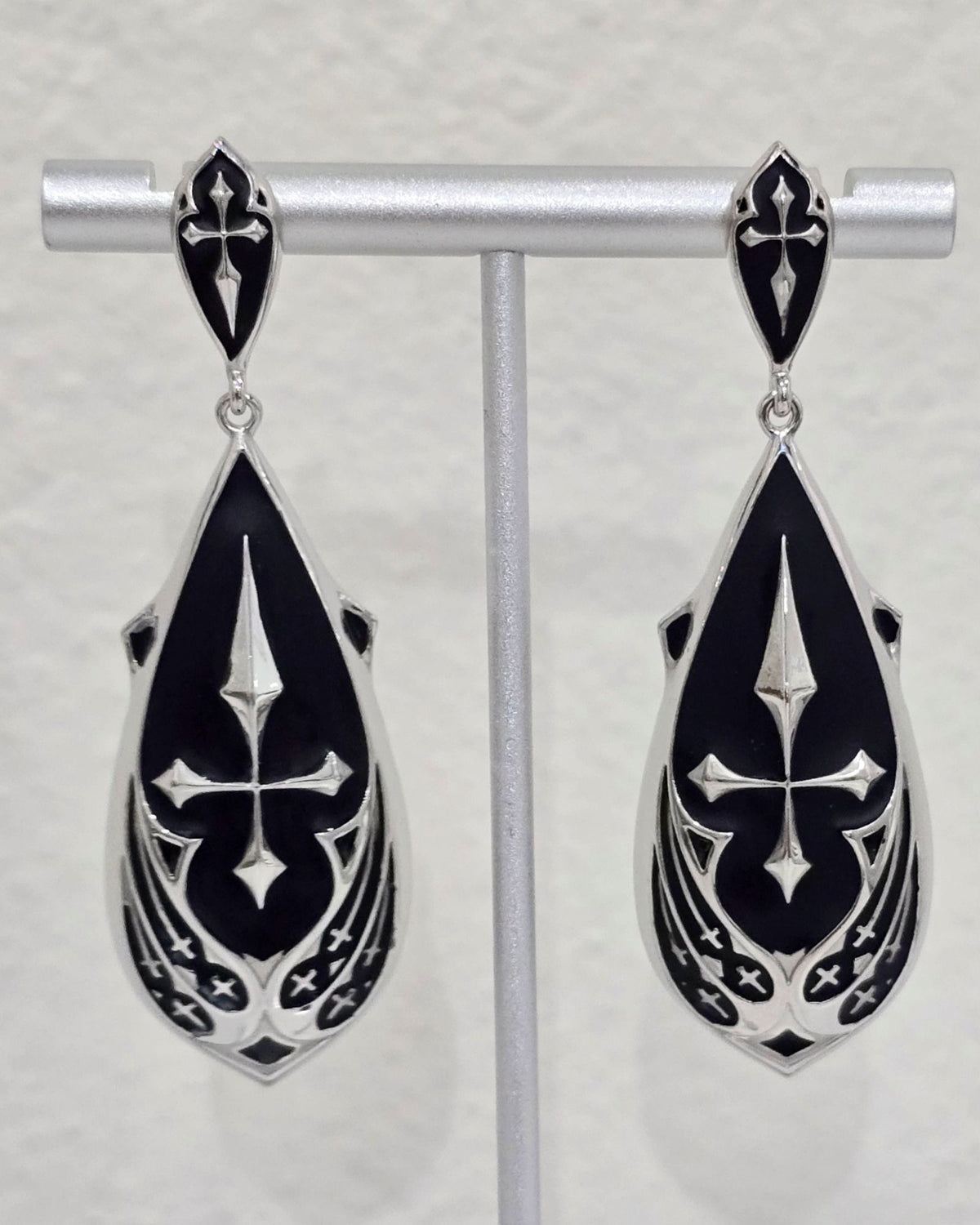 Killstar Drop of Faith Black Silver Goth Cross Dangle Shield Earrings