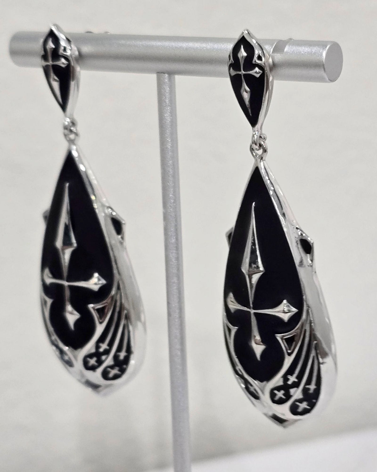 Killstar Drop of Faith Black Silver Goth Cross Dangle Shield Earrings