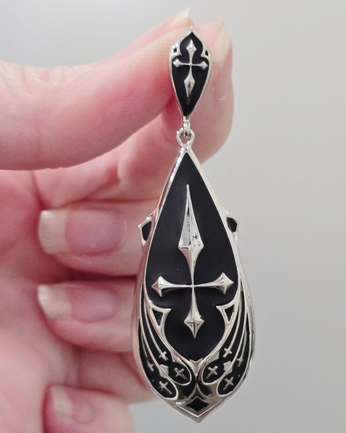 Killstar Drop of Faith Black Silver Goth Cross Dangle Shield Earrings