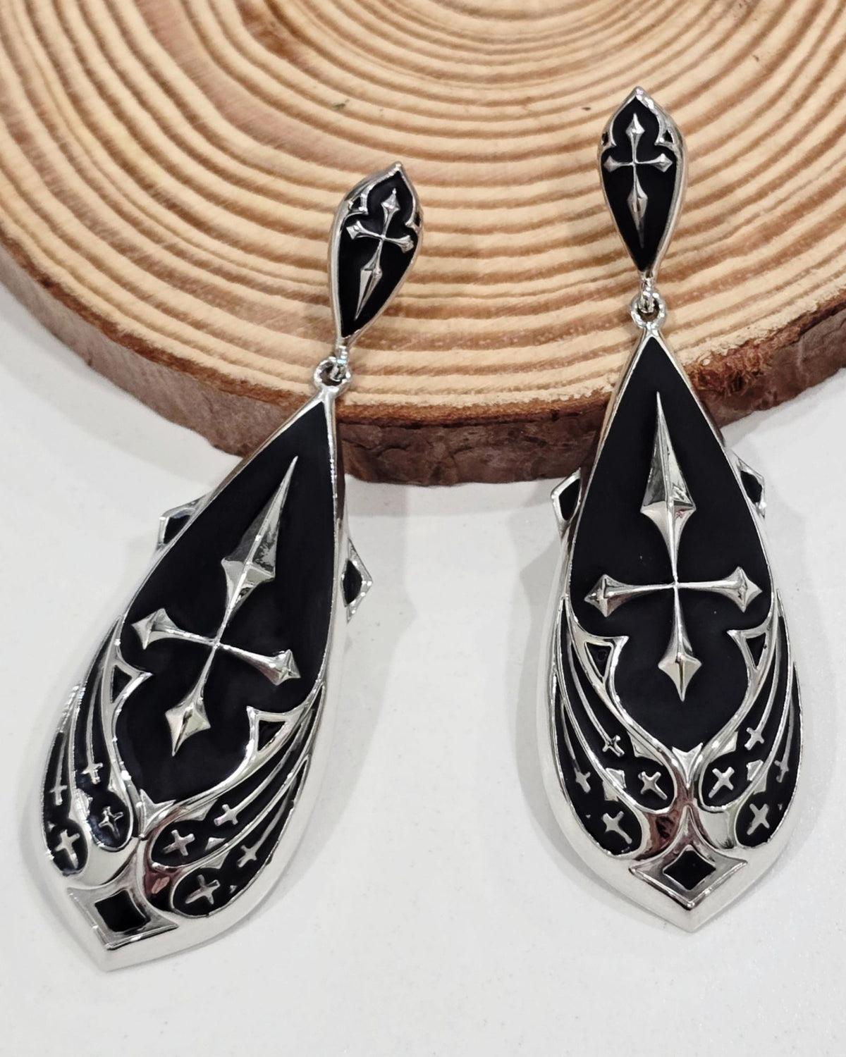 Killstar Drop of Faith Black Silver Goth Cross Dangle Shield Earrings