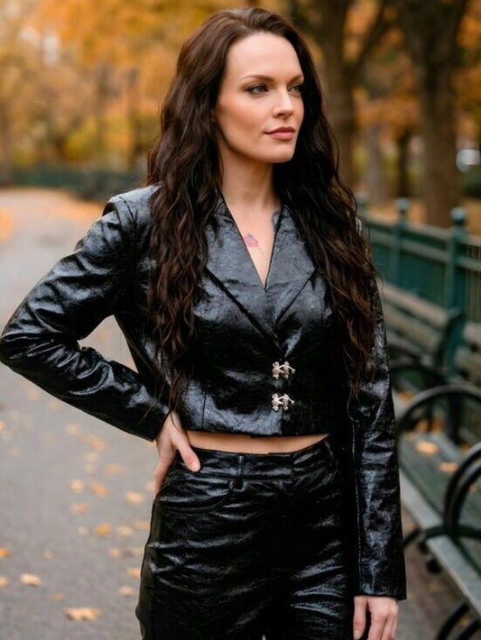 BADEE Faded Vegan Leather Croc Texture Crop Jacket Oversized Hook Front
