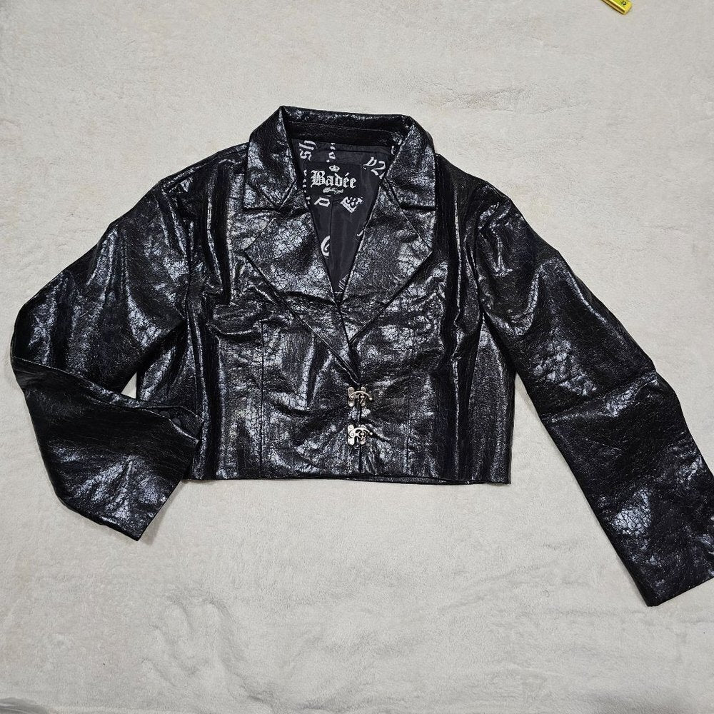 BADEE Faded Vegan Leather Croc Texture Crop Jacket Oversized Hook Front