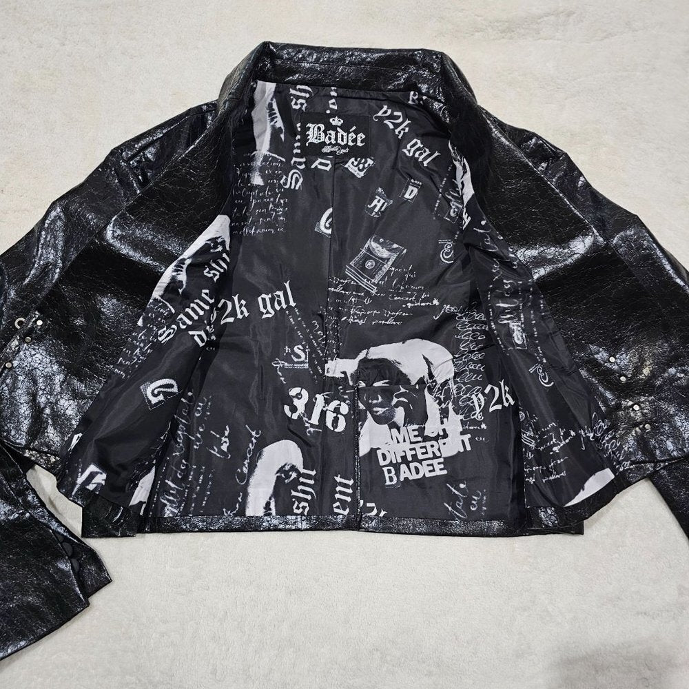 BADEE Faded Vegan Leather Croc Texture Crop Jacket Oversized Hook Front