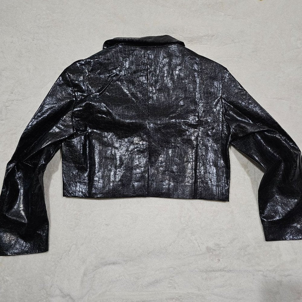 BADEE Faded Vegan Leather Croc Texture Crop Jacket Oversized Hook Front