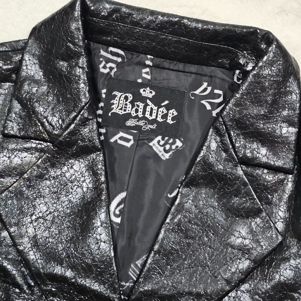 BADEE Faded Vegan Leather Croc Texture Crop Jacket Oversized Hook Front