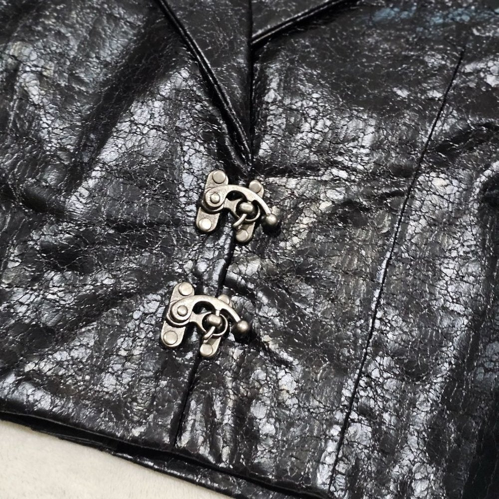 BADEE Faded Vegan Leather Croc Texture Crop Jacket Oversized Hook Front