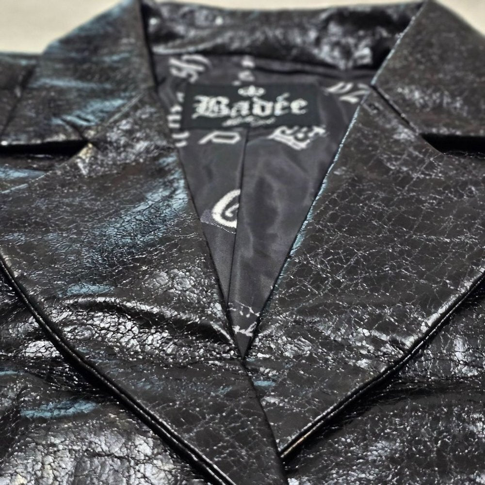 BADEE Faded Vegan Leather Croc Texture Crop Jacket Oversized Hook Front