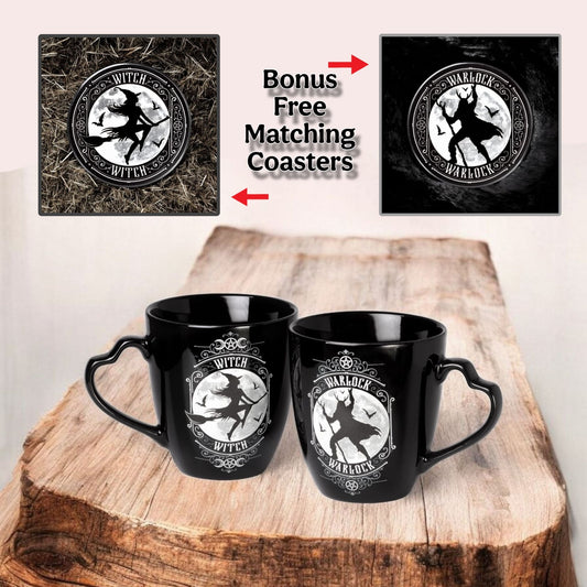 Witch & Warlock Black China Mug Set W/ Matching Coasters Moon & Bat Design -  - Cups