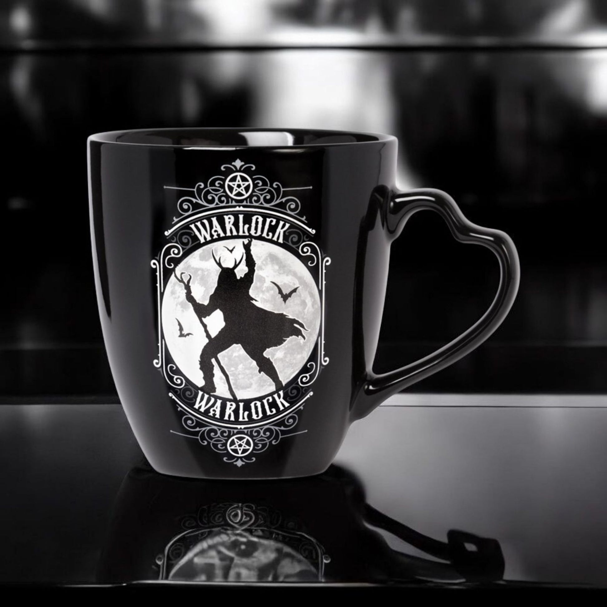 Witch & Warlock Black China Mug Set W/ Matching Coasters Moon & Bat Design -  - Cups