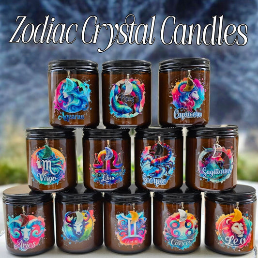 Zodiac Crystal Candle Soy Wax W/ Hidden Crystal & Moon Necklace Wooden Wick 8oz