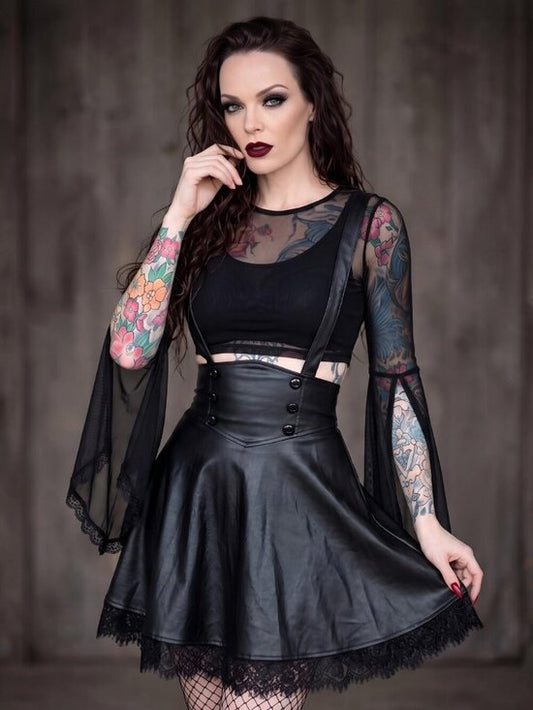 Killstar Marked High Waisted Mini Skirt Suspender Faux Leather Skater XS