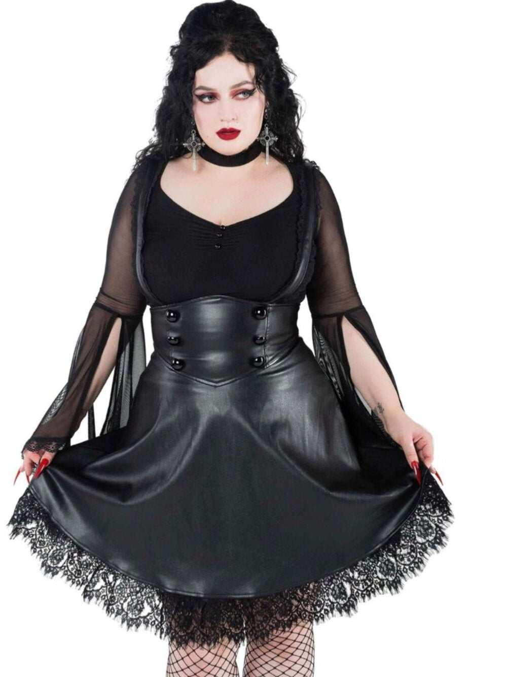 Killstar Marked High Waisted Mini Skirt Suspender Faux Leather Skater XS
