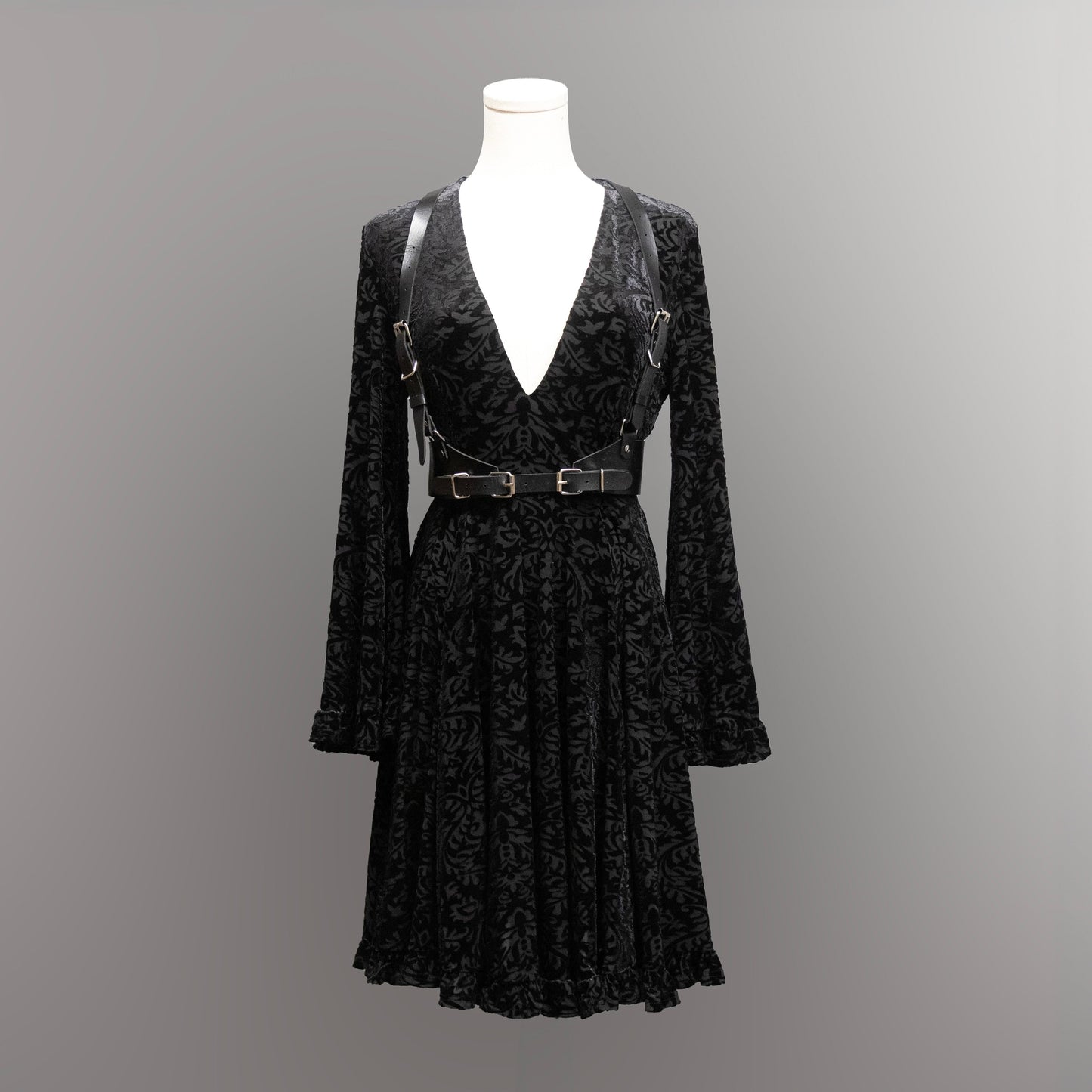 Nyx - Bell Sleeved Velvet Damask Dress with Harness - READY TO SHIP! -  - 