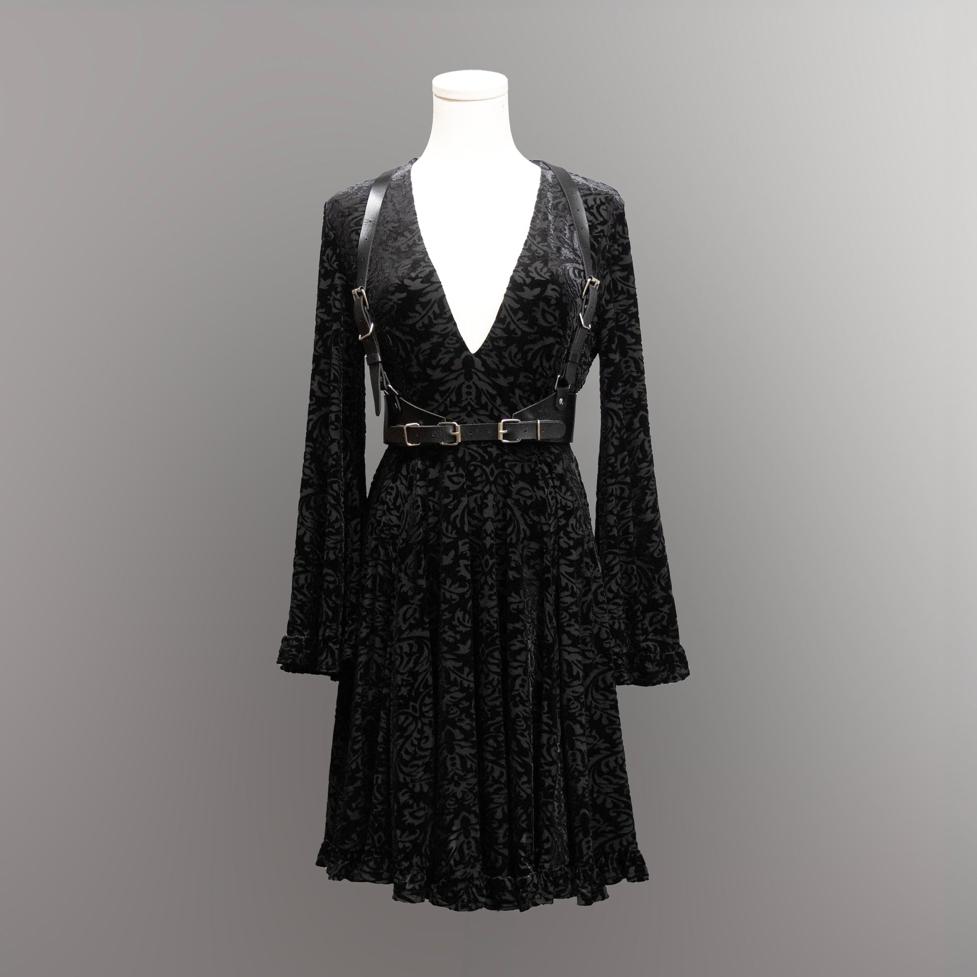 Nyx - Bell Sleeved Velvet Damask Dress with Harness - READY TO SHIP! -  - 