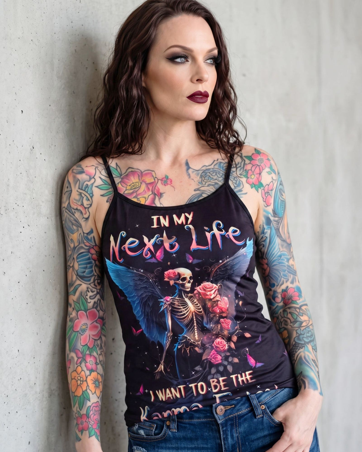 Karma Fairy Skull Angel Wings Double Sided Cami Top Goth Festival Shirt L New